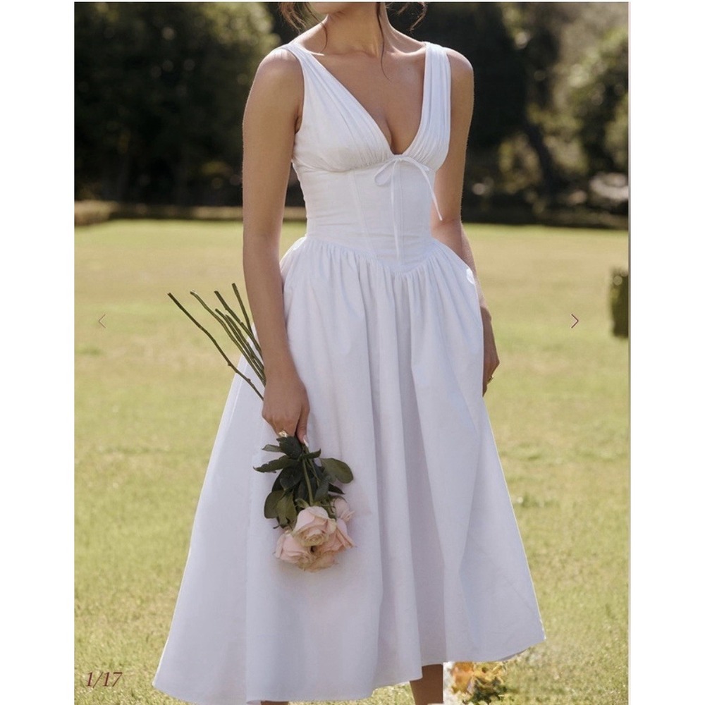 HOUSE OF CB Emmelina  White Corseted Stretch Poplin Midi Dress Size XS-US 2-4